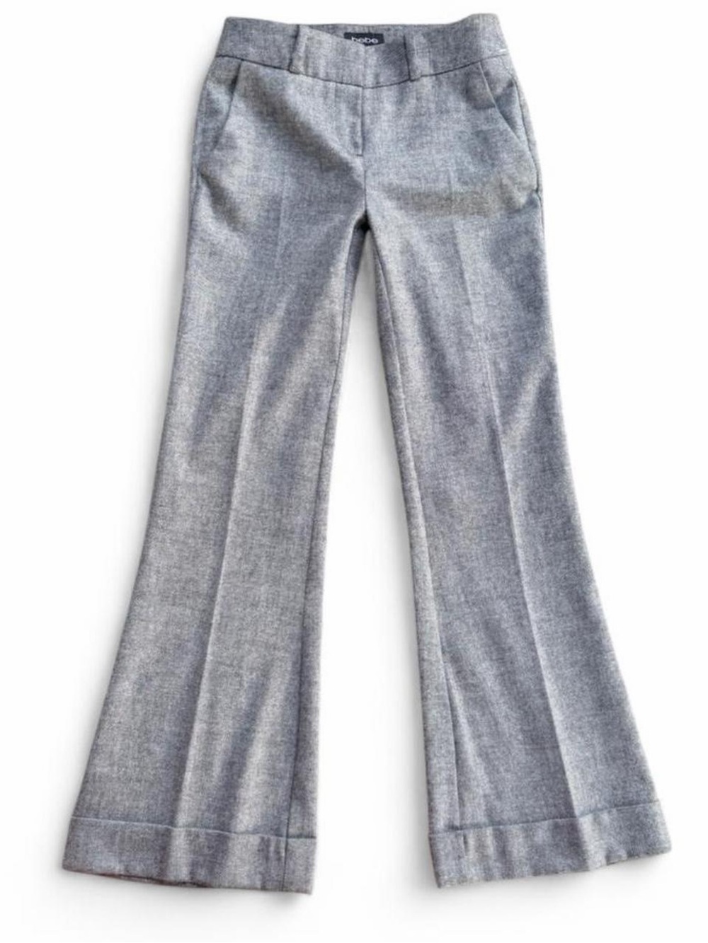 bebe Black and White Tweed Flared Cuffed Dress Pants with Button Accent